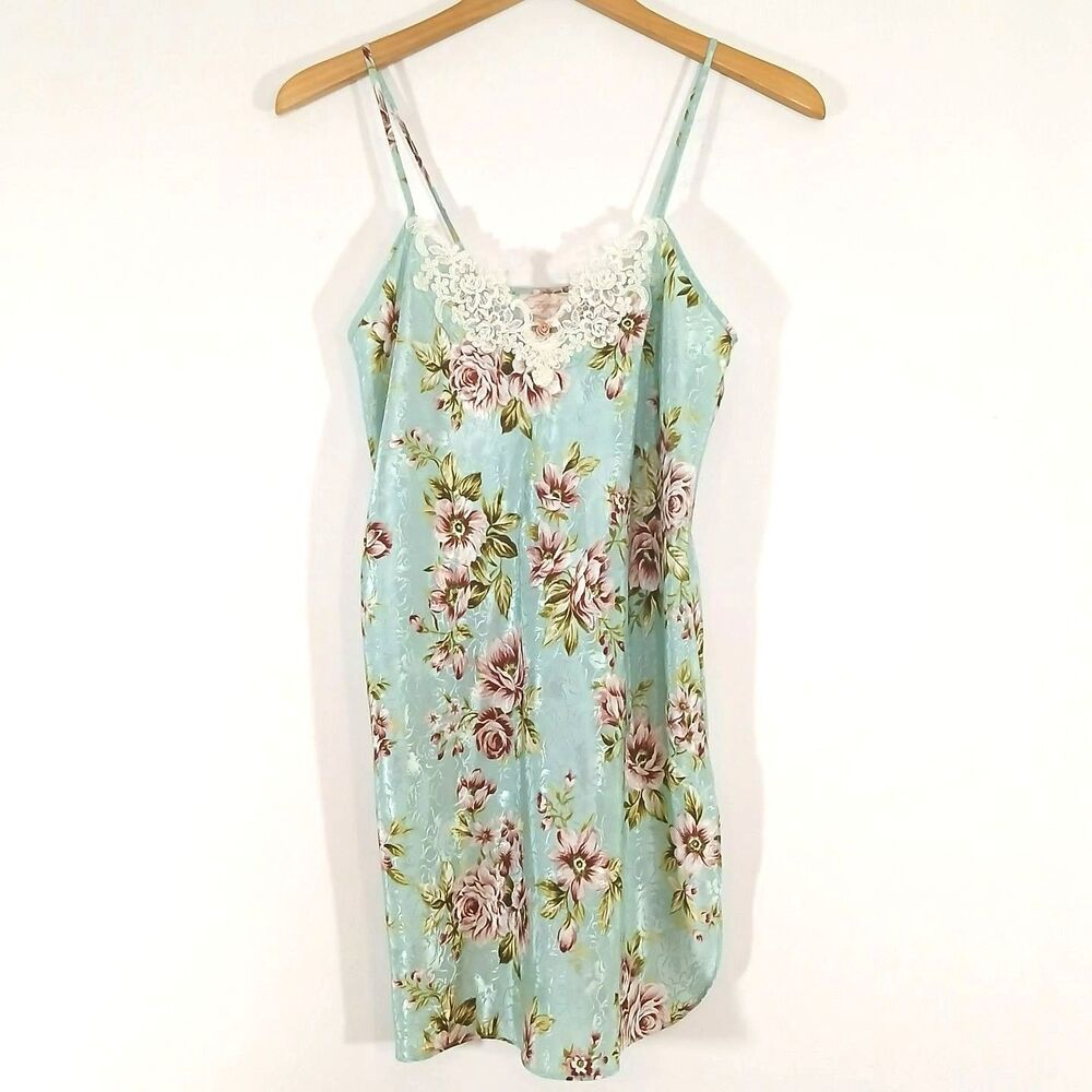 Vintage Angelique Sage Floral Satin Slip Dress Lace Chemise Nightgown XS/S